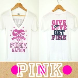 Victoria's Secret PINK Vintage Rhinestone Crystal Give Love V Neck Tee Shirt EUC